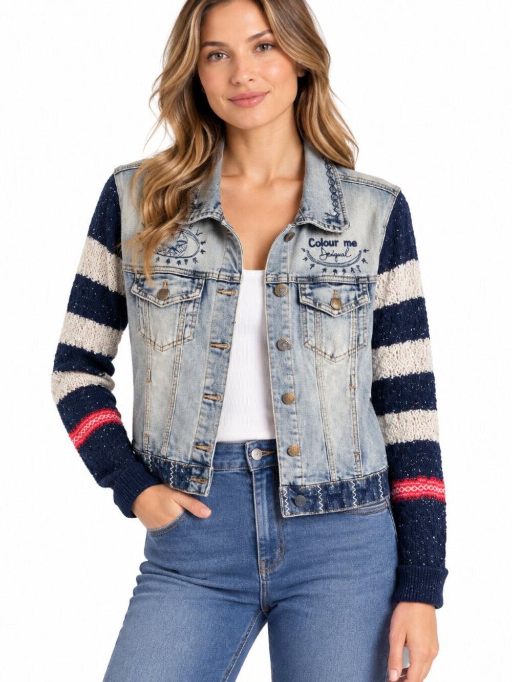 Desigual Denim Jacket Knit Sleeves Embroidered Heart Size 40